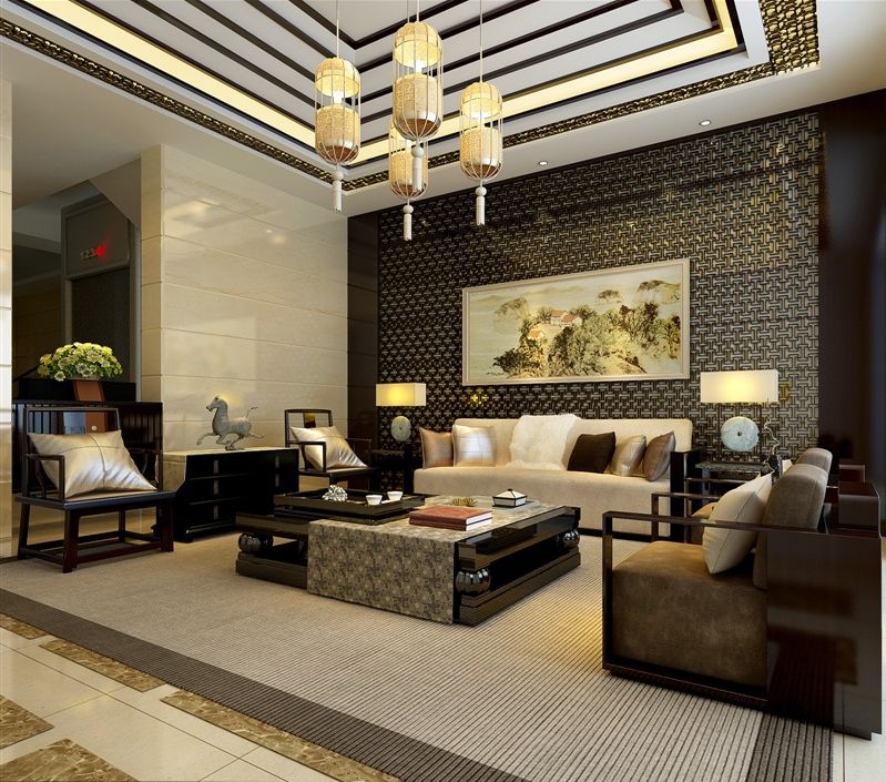 中式别墅 客厅效果图